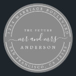 Pegatina Redonda Moda Futuro Sr. Mrs Return Dirección Oscuro Gris<br><div class="desc">Moda, boda moderno y simple retorno se dirige al pegatina redondo clásico con el texto el futuro Sr. y la Sra. en un guión elegante fuera de negro sobre un fondo gris oscuro. Simplemente agrega tu nombre y dirección. Diseñado exclusivamente para usted por Happy Dolphin Studio. Si necesita ayuda o...</div>