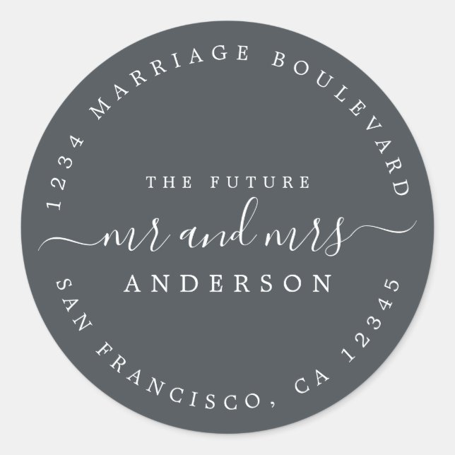 Pegatina Redonda Moda Guión Futuro Sr. Sra. Boda Dirección de Retor (Anverso)