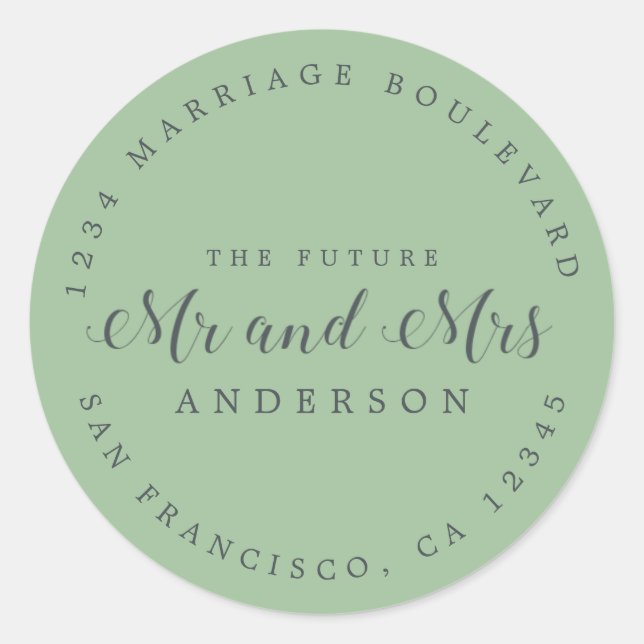 Pegatina Redonda Moda Guión Futuro Sr. Sra. Boda Dirección de Retor (Anverso)