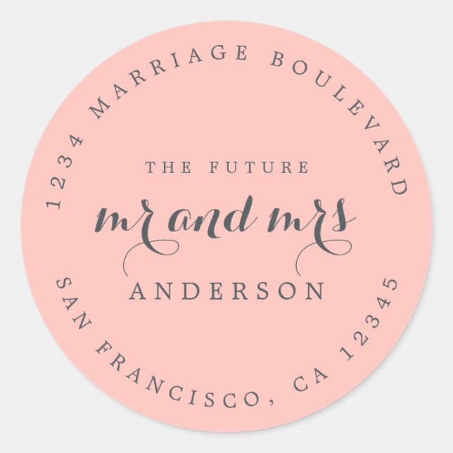 Pegatina Redonda Moda Guión Futuro Sr. Sra. Boda Dirección de Retor (Anverso)