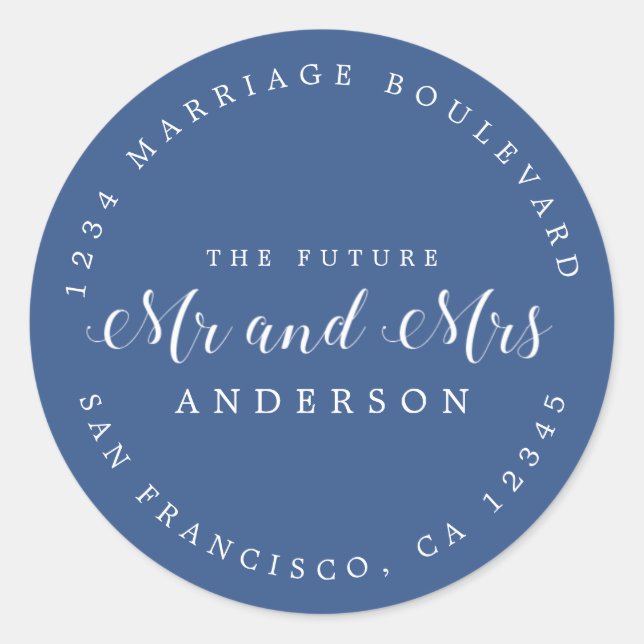Pegatina Redonda Moda Guión Futuro Sr. Sra. Boda Dirección de Retor (Anverso)