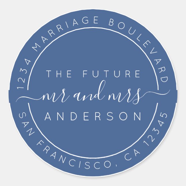Pegatina Redonda Moda Guión Futuro Sr. Sra. Boda Dirección de Retor (Anverso)
