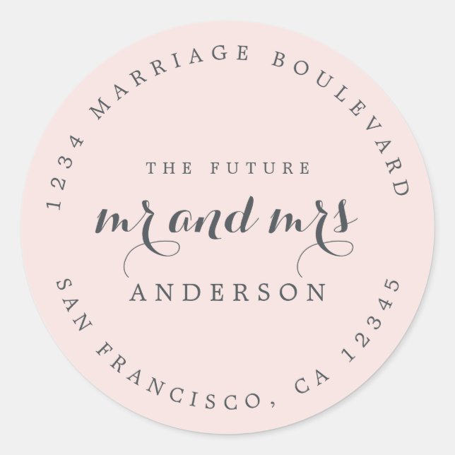Pegatina Redonda Moda Guión Futuro Sr. Sra. Boda Dirección de Retor (Anverso)