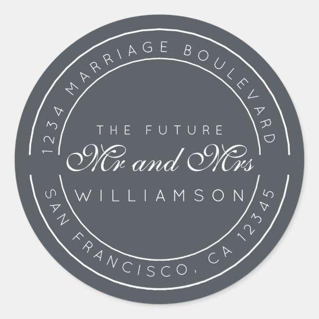 Pegatina Redonda Moda Guión Futuro Sr. Sra. Boda Dirección de Retor (Anverso)