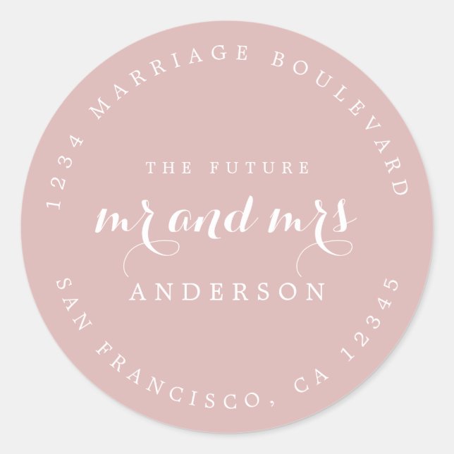 Pegatina Redonda Moda Guión Futuro Sr. Sra. Boda Dirección de Retor (Anverso)