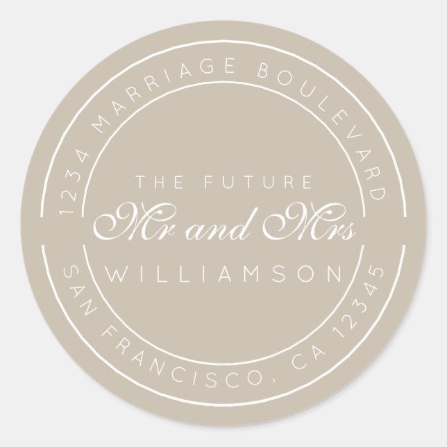 Pegatina Redonda Moda Guión Futuro Sr. Sra. Boda Dirección de Retor (Anverso)