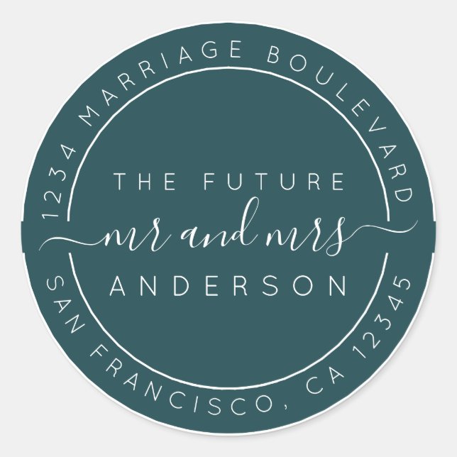 Pegatina Redonda Moda Guión Futuro Sr. Sra. Boda Dirección de Retor (Anverso)