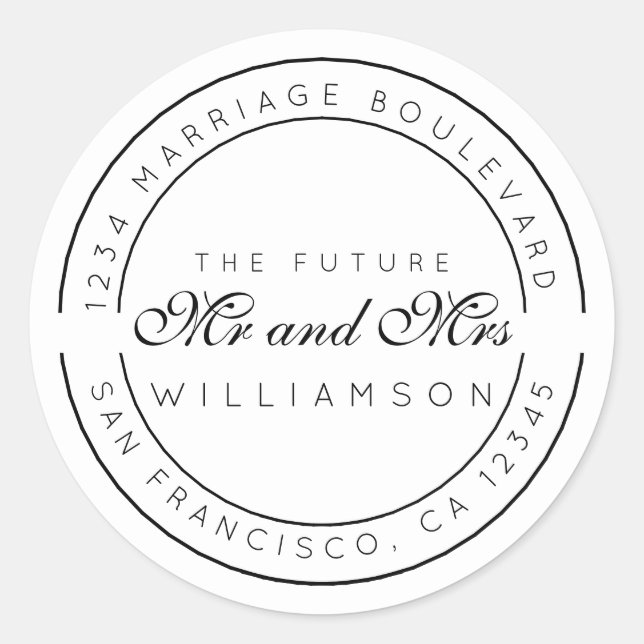 Pegatina Redonda Moda Guión Futuro Sr. Sra. Boda Dirección de Retor (Anverso)