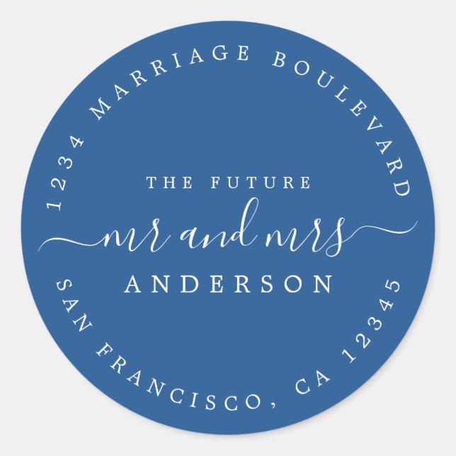 Pegatina Redonda Moda Guión Futuro Sr. Sra. Boda Dirección de Retor (Anverso)