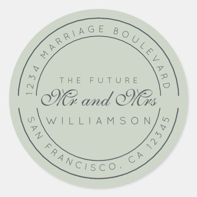 Pegatina Redonda Moda Guión Futuro Sr. Sra. Boda Dirección de Retor (Anverso)