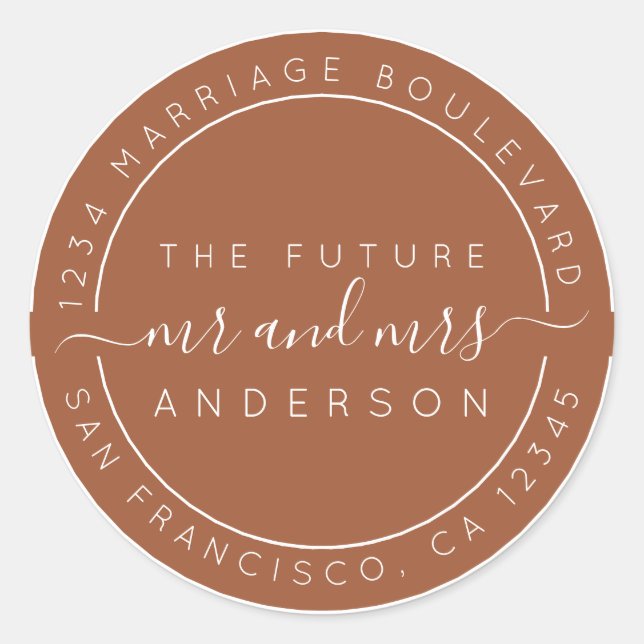Pegatina Redonda Moda Guión Futuro Sr. Sra. Boda Dirección de Retor (Anverso)