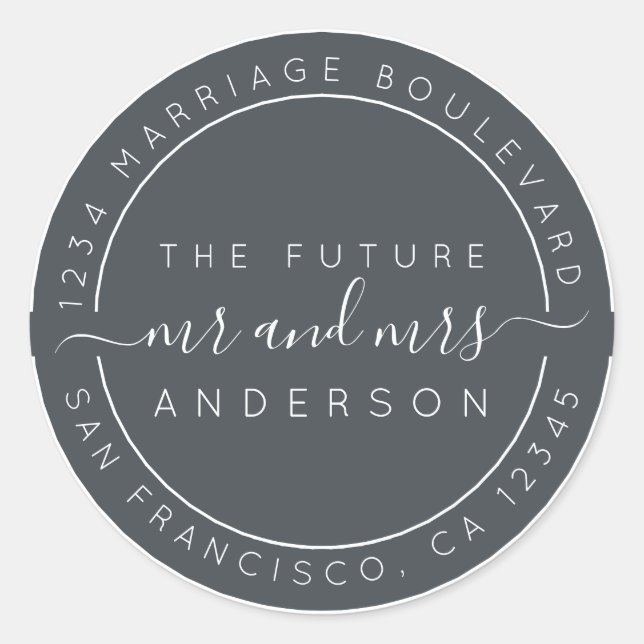 Pegatina Redonda Moda Guión Futuro Sr. Sra. Boda Dirección de Retor (Anverso)