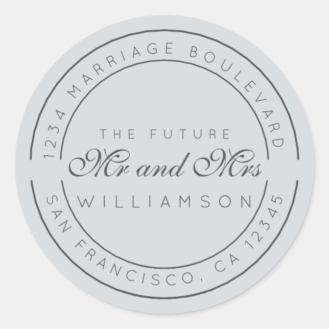 Pegatina Redonda Moda Guión Futuro Sr. Sra. Boda Dirección de Retor (Anverso)