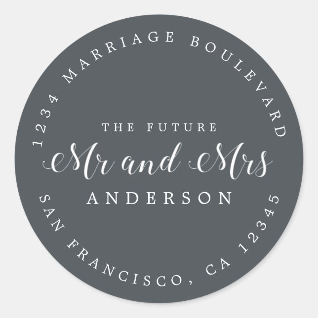 Pegatina Redonda Moda Guión Futuro Sr. Sra. Boda Dirección de Retor (Anverso)