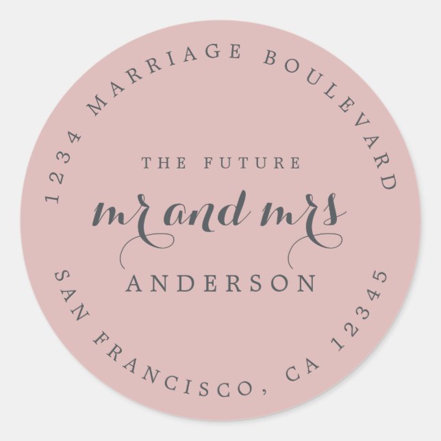 Pegatina Redonda Moda Guión Futuro Sr. Sra. Boda Dirección de Retor (Anverso)