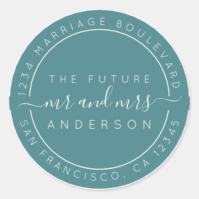 Pegatina Redonda Moda Guión Futuro Sr. Sra. Boda Dirección de Retor (Anverso)