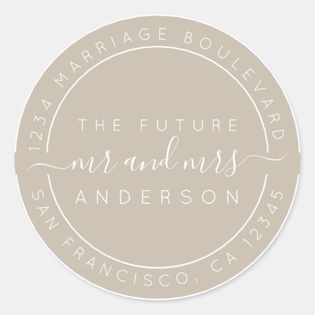 Pegatina Redonda Moda Guión Futuro Sr. Sra. Boda Dirección de Retor (Anverso)