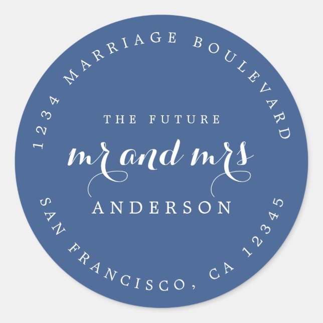 Pegatina Redonda Moda Guión Futuro Sr. Sra. Boda Dirección de Retor (Anverso)