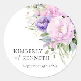 Pegatina Redonda Moda Lavanda Púrpura Boda Floral Violeta Rosa