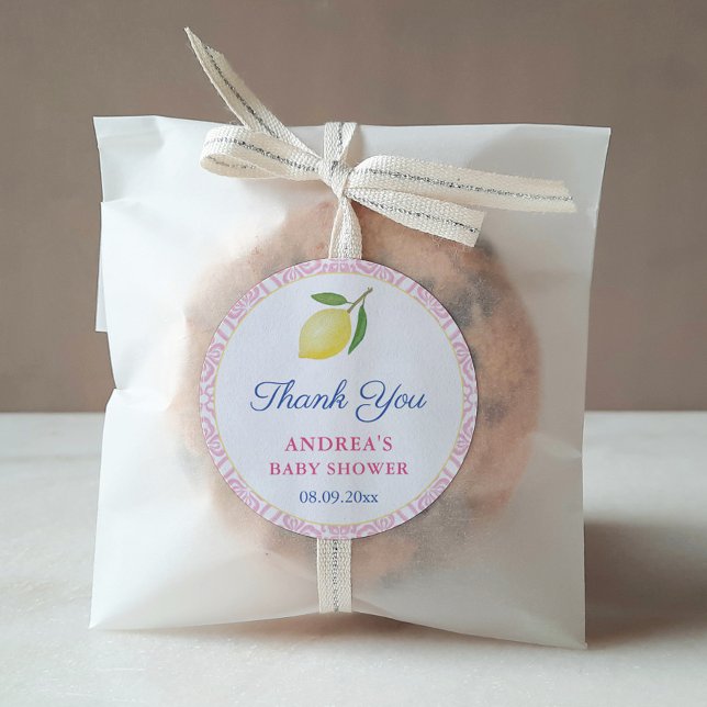 Pegatina Redonda Moda Lemons Chica blanco rosa Baby Shower Favor (Pretty Pink And White Italian Lemons Baby Girl Baby Shower Thank You Favor Stickers)