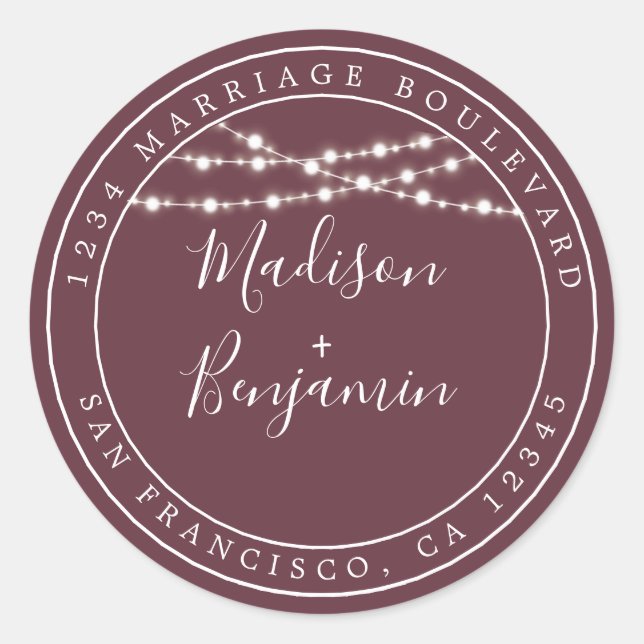 Pegatina Redonda Moda Luces Rústicas Burgundy Boda Dirección de Reg (Anverso)