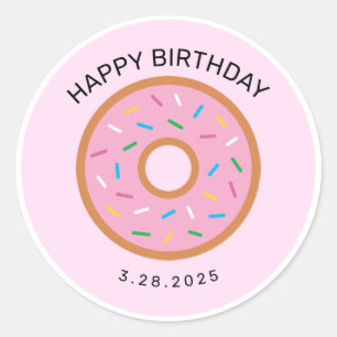 Pegatina Redonda Moda Marrón Rosa Donuts Fiesta Feliz cumpleaños C
