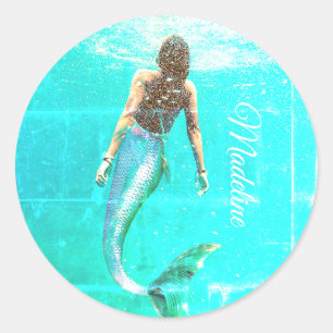 Pegatina Redonda Moda moderna del océano azul de verano de Sirena