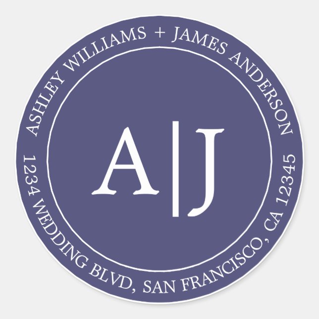 Pegatina Redonda Moda Monograma Boda Dirección de devolución Azul d (Anverso)