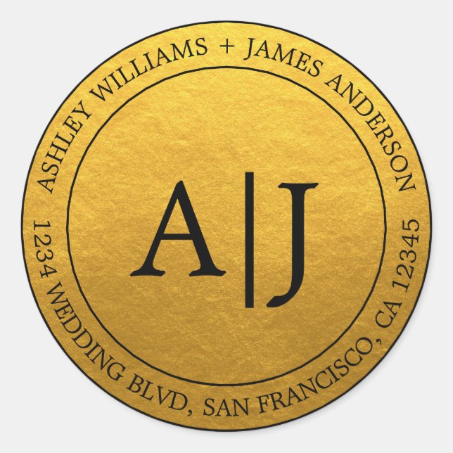 Pegatina Redonda Moda Monograma Boda Dirección de devolución Oro (Anverso)