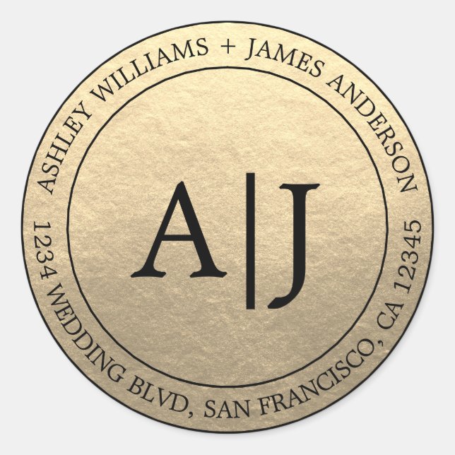 Pegatina Redonda Moda Monograma Boda Dirección de devolución Oro (Anverso)