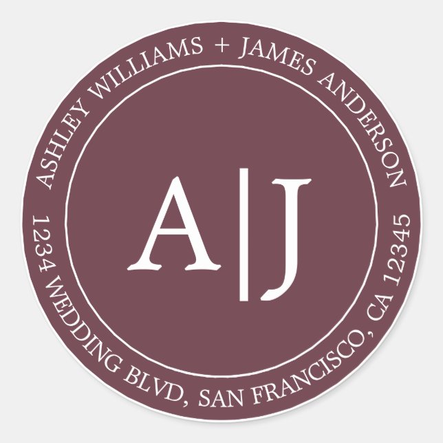 Pegatina Redonda Moda Monograma Boda Dirección de retorno Borgoña (Anverso)