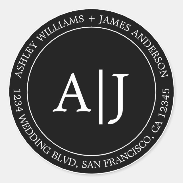 Pegatina Redonda Moda Monograma Boda Dirección de retorno Negro (Anverso)