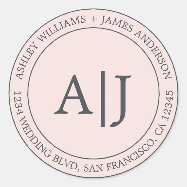 Pegatina Redonda Moda Monograma Boda Dirección de retorno Pastel ro (Anverso)