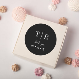 Pegatina Redonda Moda Monogramada Boda Blanco y Negro Gracias