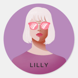 Pegatina Redonda Moda morada y mujer elegante