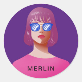Pegatina Redonda Moda morada y mujer elegante