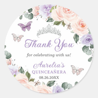 Pegatina Redonda Moda Morado Rubor Floral Butterflies Silver Quince