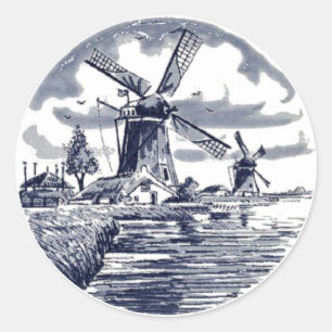 Pegatina Redonda Moda Ornate Antique Holandés Delft Blue Windmill