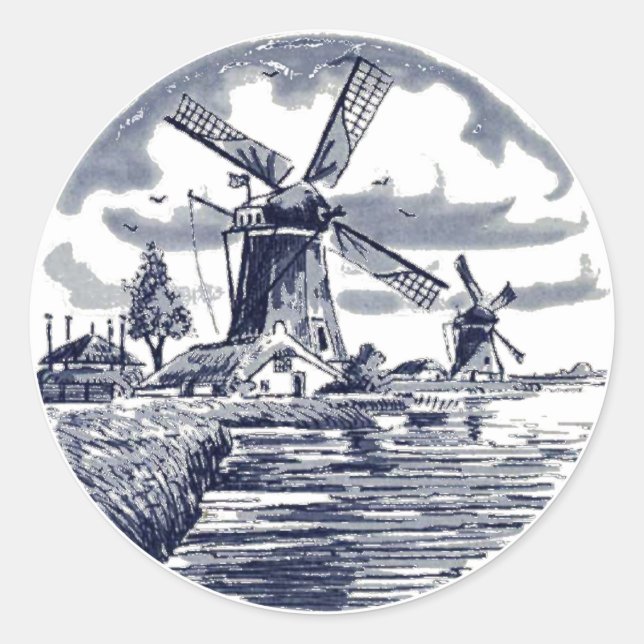 Pegatina Redonda Moda Ornate Antique Holandés Delft Blue Windmill (Anverso)