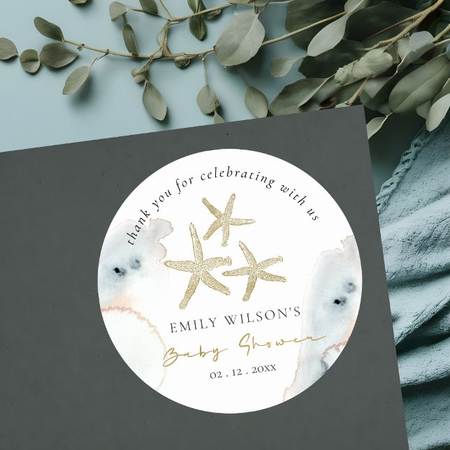 Pegatina Redonda Moda Oro Dusky Blue Beachy Starfish Baby Shower (Subido por el creador)