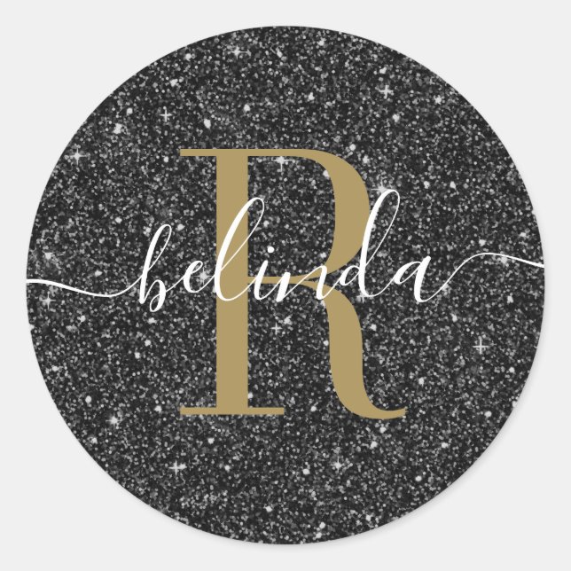 Pegatina Redonda Moda Oro Purpurina Negro Monograma Nombre (Anverso)