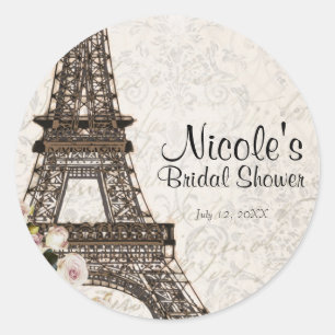 Pegatina Redonda Moda Paris Torre Eiffel y Rosas Elegante Favor