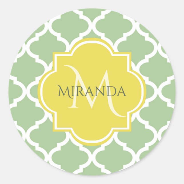 Pegatina Redonda Moda Pastel Verde Quatrefoil Amarillo Nombre Monog (Anverso)
