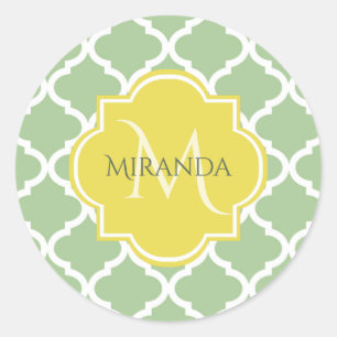 Pegatina Redonda Moda Pastel Verde Quatrefoil Amarillo Nombre Monog