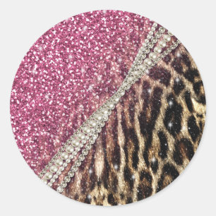 Pegatina Redonda Moda Purpurina rosa de impresión de Leopardo Girly