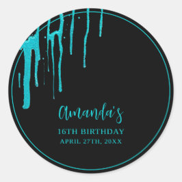 Pegatina Redonda Moda Purpurina Verde azulado goteo dulce 16 cumple