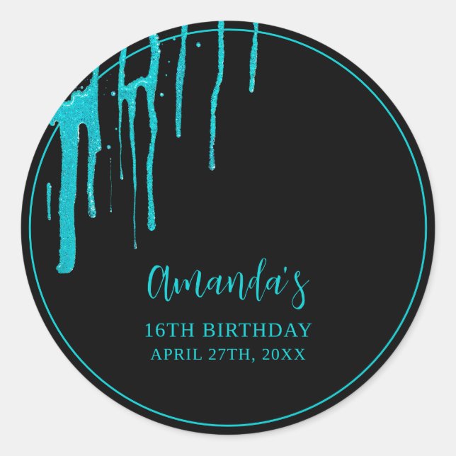 Pegatina Redonda Moda Purpurina Verde azulado goteo dulce 16 cumple (Anverso)