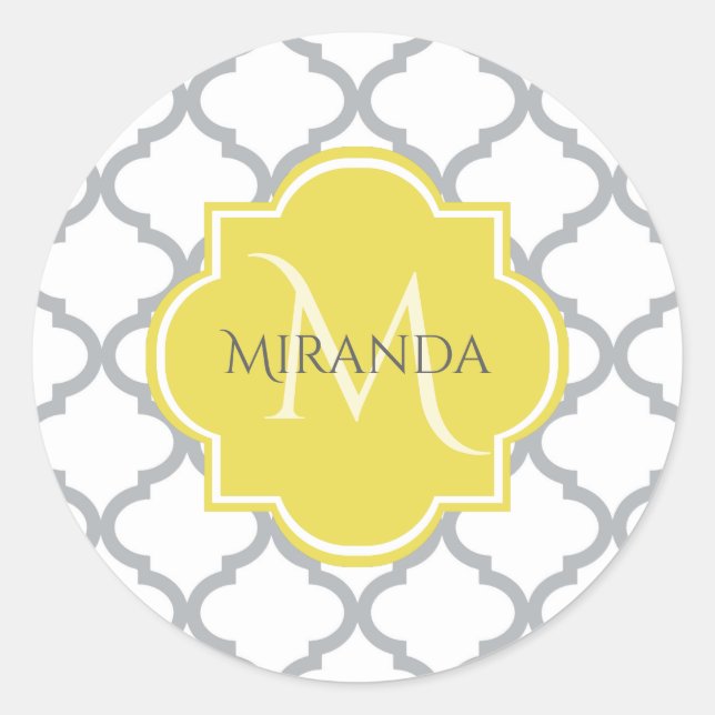 Pegatina Redonda Moda Quatrefoil gris blanco Monogramo amarillo Nom (Anverso)