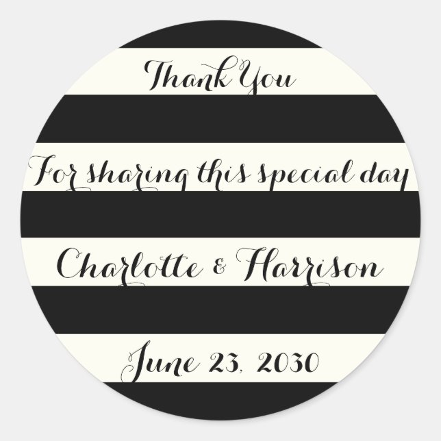 Pegatina Redonda Moda rayas de marfil negro guión boda regalo (Anverso)