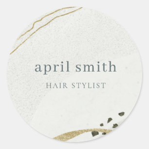 Pegatina Redonda Moda Resumen Marfil Oro Textura de Piedra Gris Neg